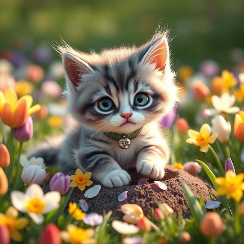 Whimsical Kitten in a Vibrant Spring Meadow