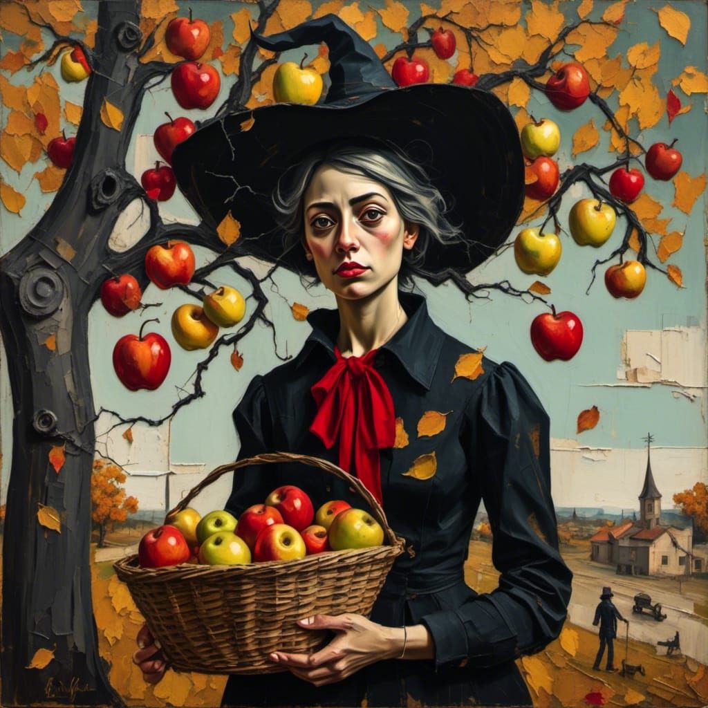 Autumnal Witch with Apples in Golden Light