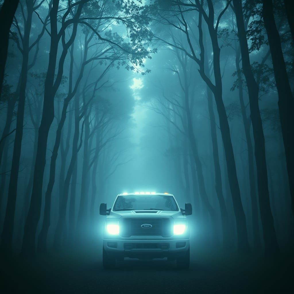 Ethereal Truck in the Misty Woods at Night