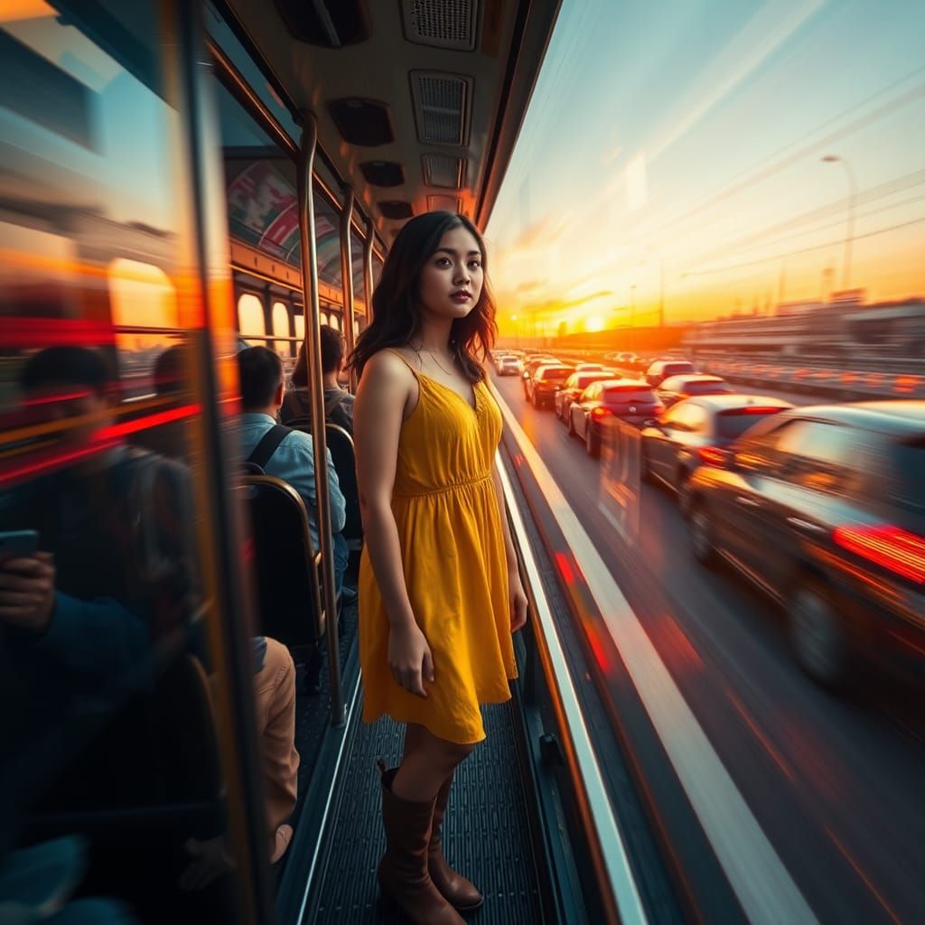 Woman in Yellow Dress on Crowded Bus