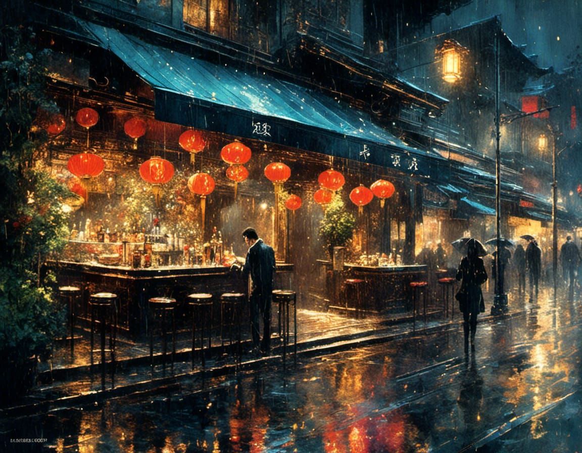 Rainy Night Cafe in Post-Impressionist Watercolor
