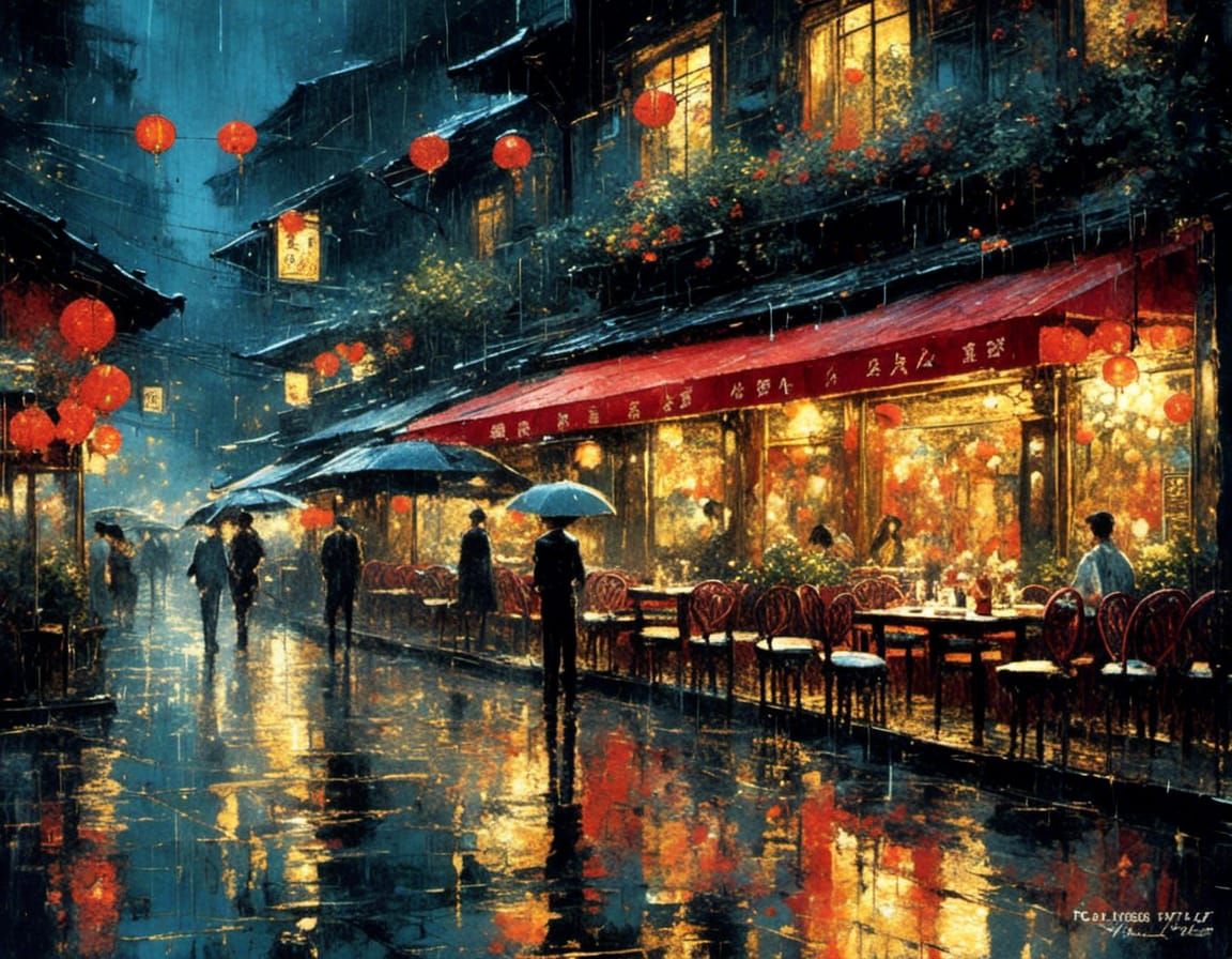 Rainy Night Cafe: Post-Impressionist Watercolor