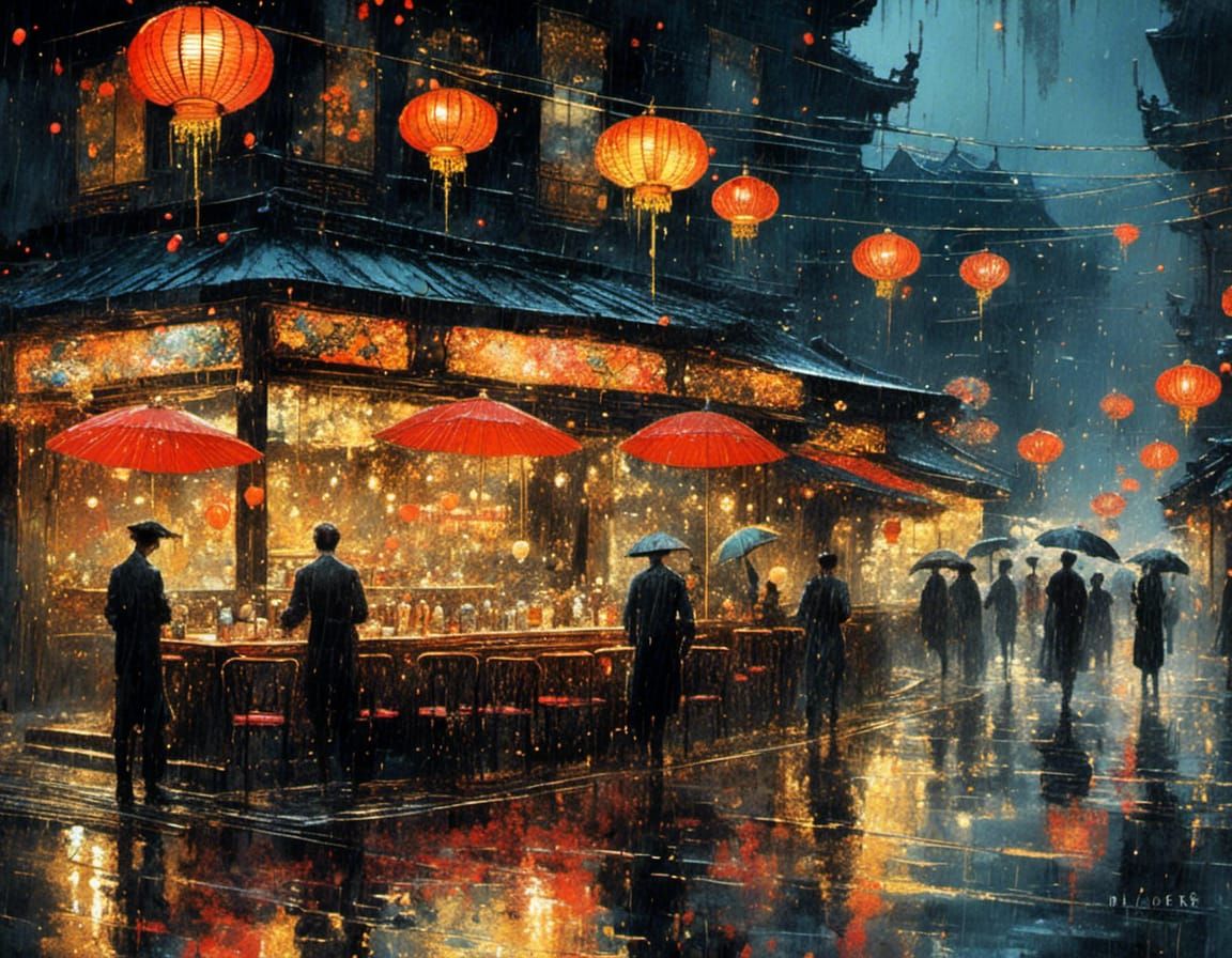 Rainy Night Cafe: Post-Impressionist Watercolor