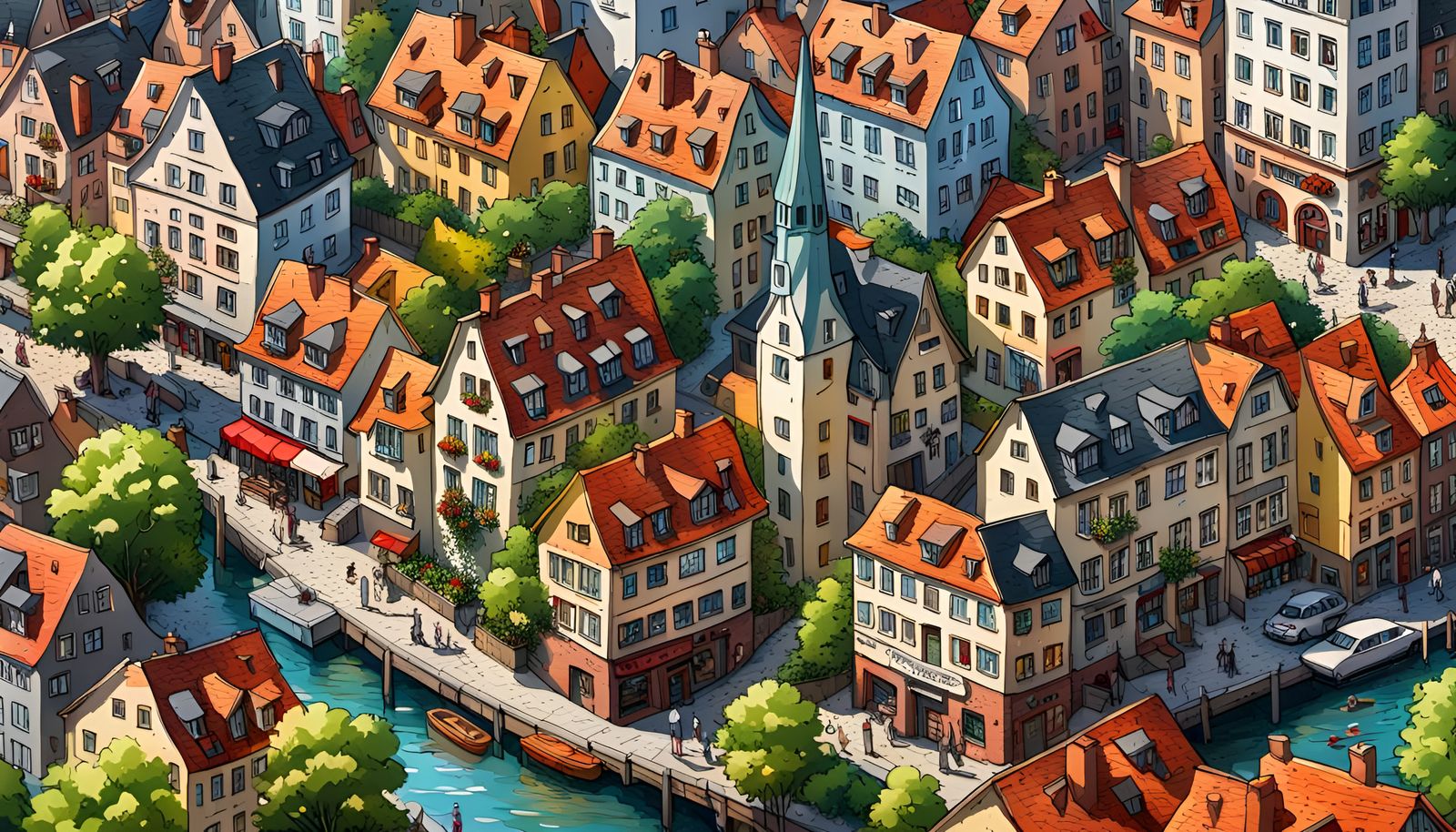 Hyper Detailed Cartoon Wimmelbild of German City