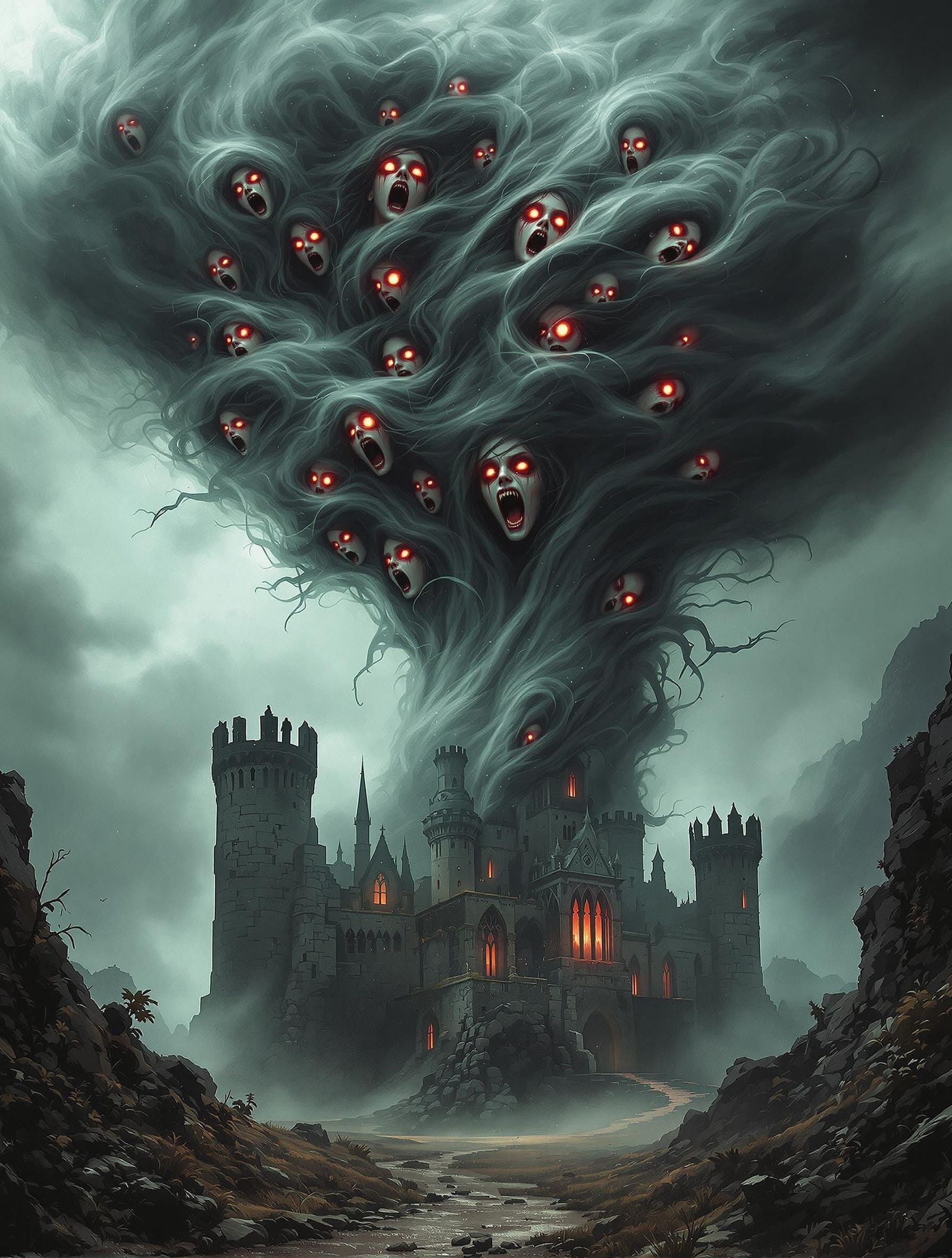 A dark castle in the middle of somewhere under a large gray ...