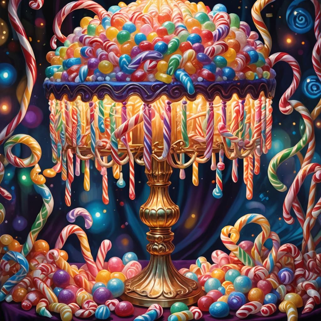 Candy Lamp in Whimsical Sweet Shop: Art Nouveau Oil Painting