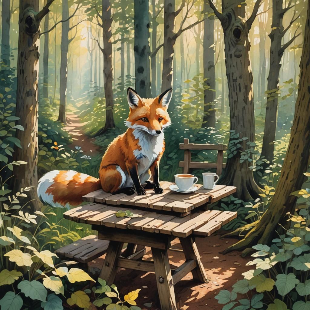 Lazy Fox Sipping Coffee in Forest, Gouache Painting