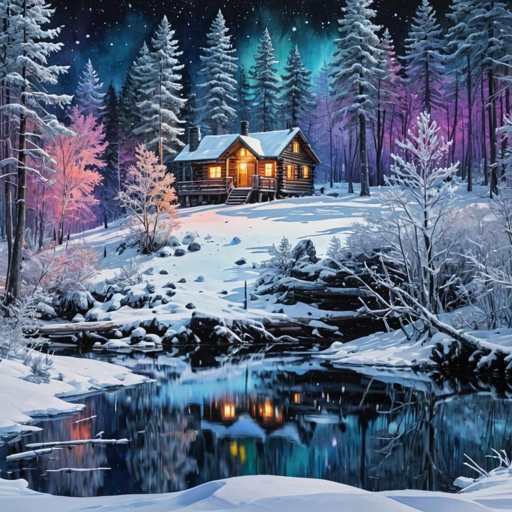Abstract Winter Landscape with Log Cabin