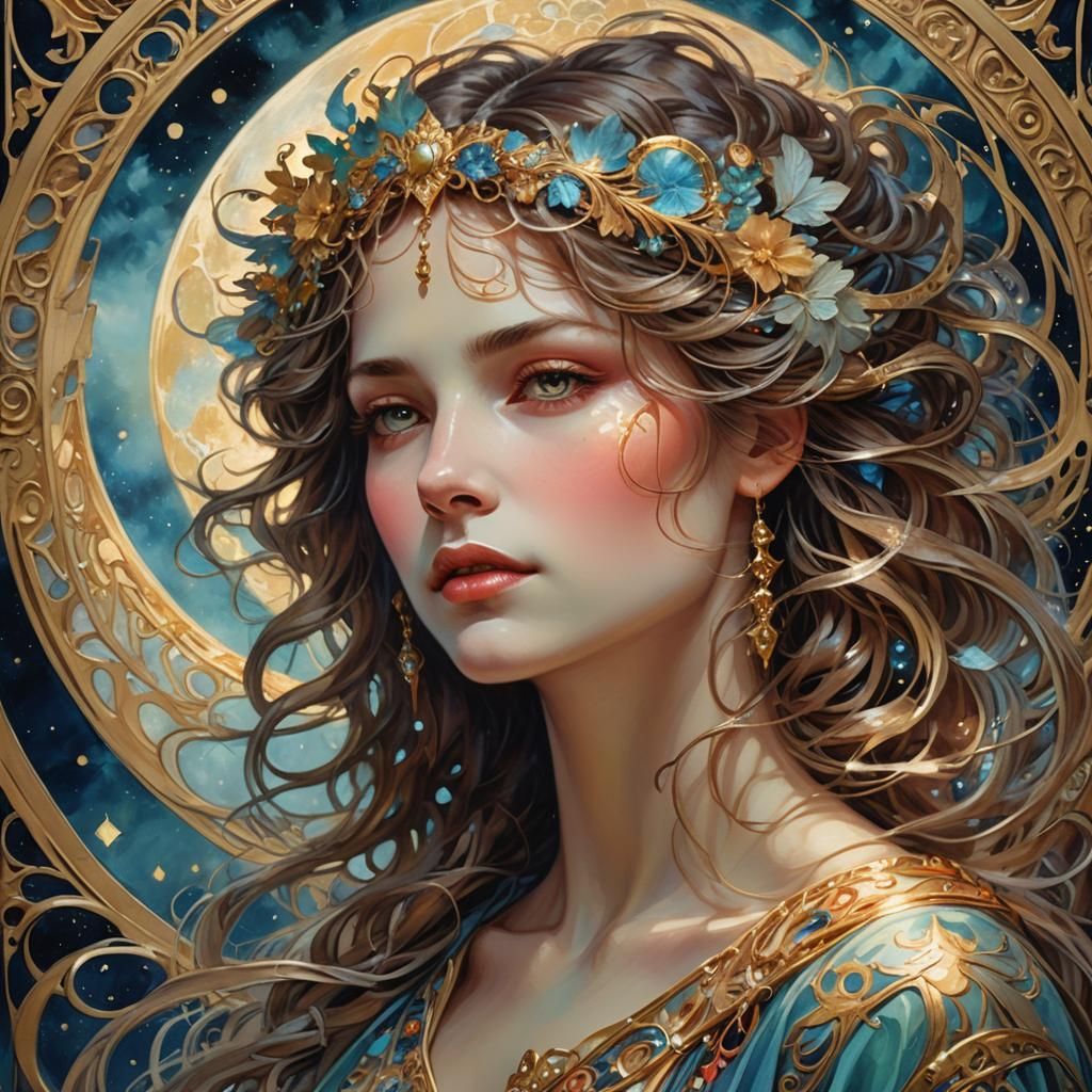 Ethereal Woman Emerges from Moon as Oil Painting