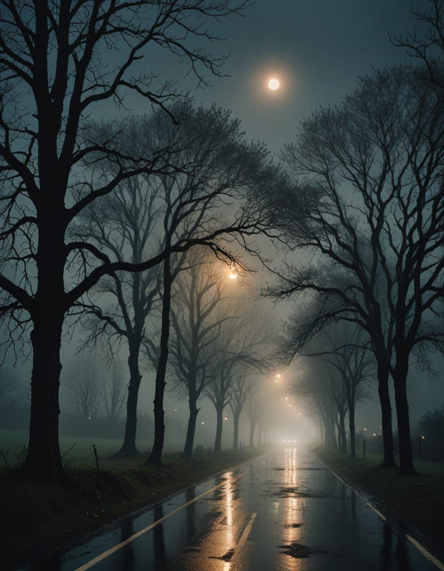 Stormy Night Road in Fog