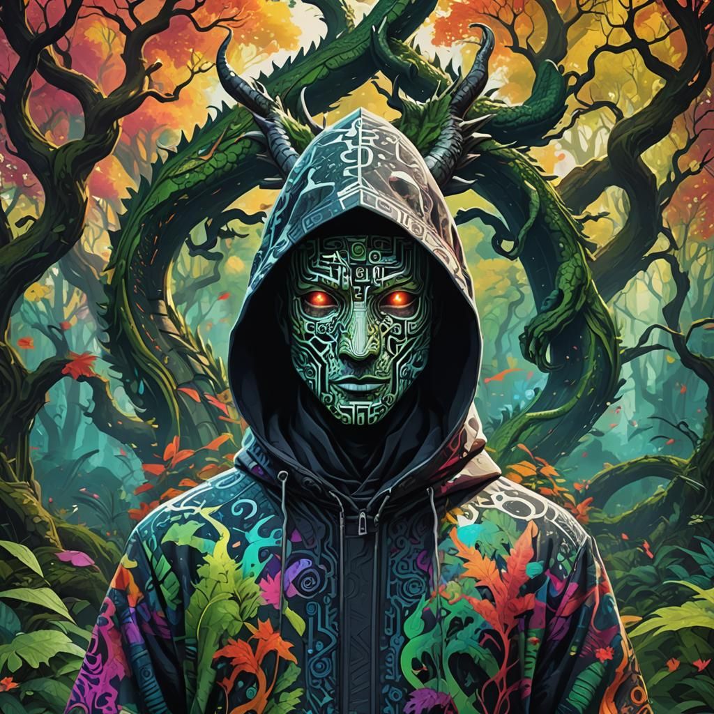 Hooded Figure with Dragon QR Code in Expressionist Style