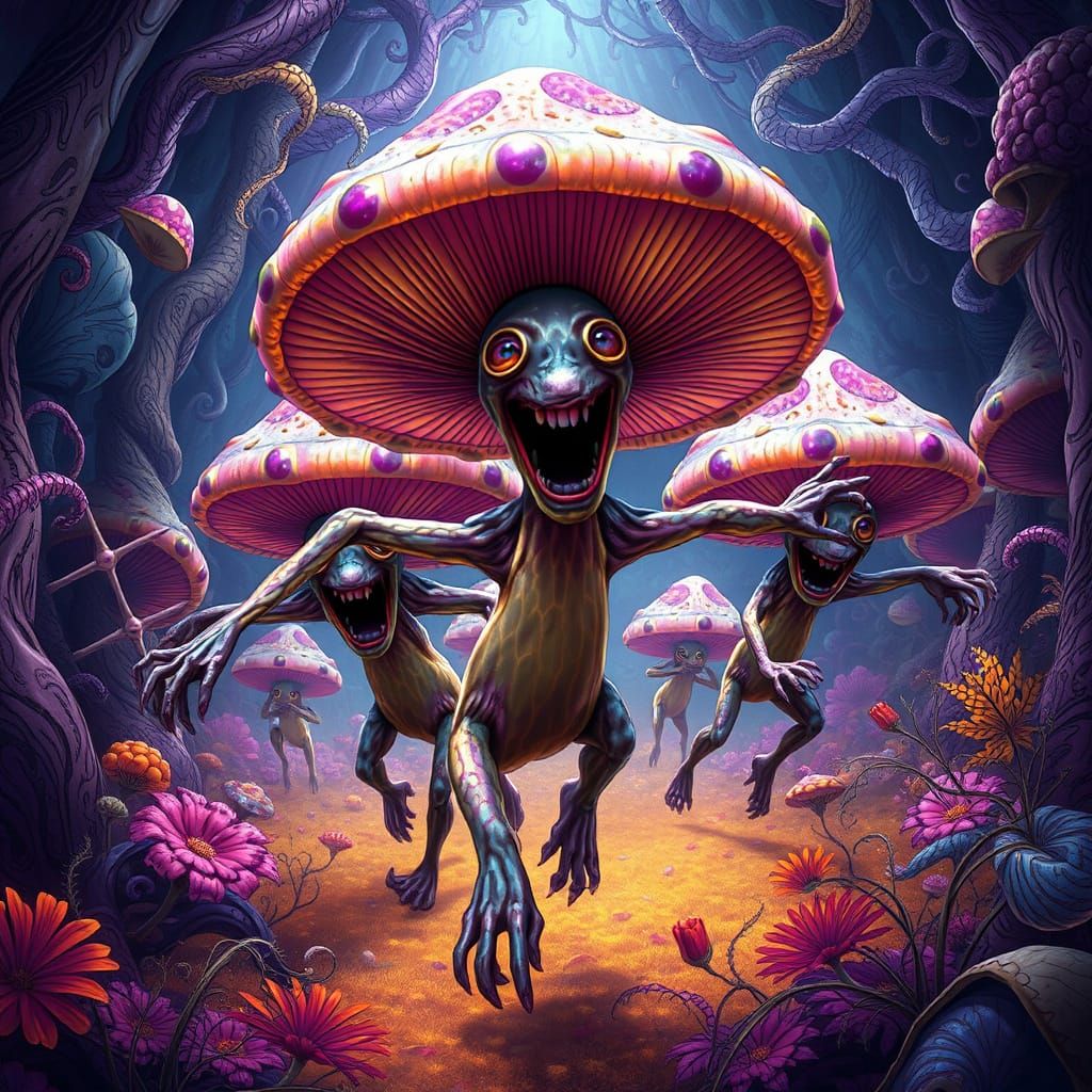 Surreal, Iridescent Mushroom Beings in a Vibrant, Dreamlike ...