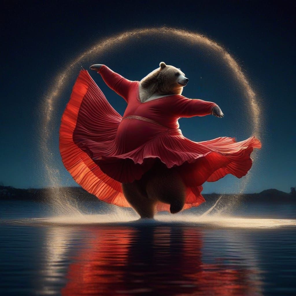 Bear's Graceful Dance on Moonlit Water