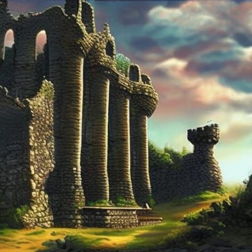 Medieval Castle Ruins in Detailed Matte Painting