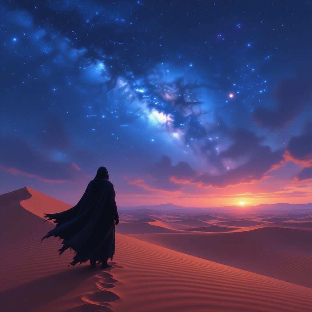 Solitary Figure in Desert Under Bioluminescent Nebula Sky