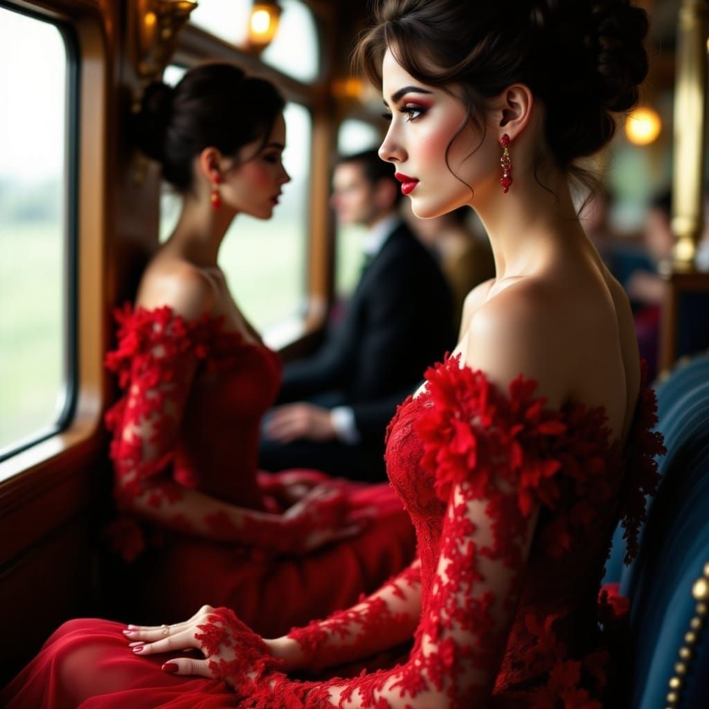 Elegant Pin-Up Girl Contemplates on a Regal Train