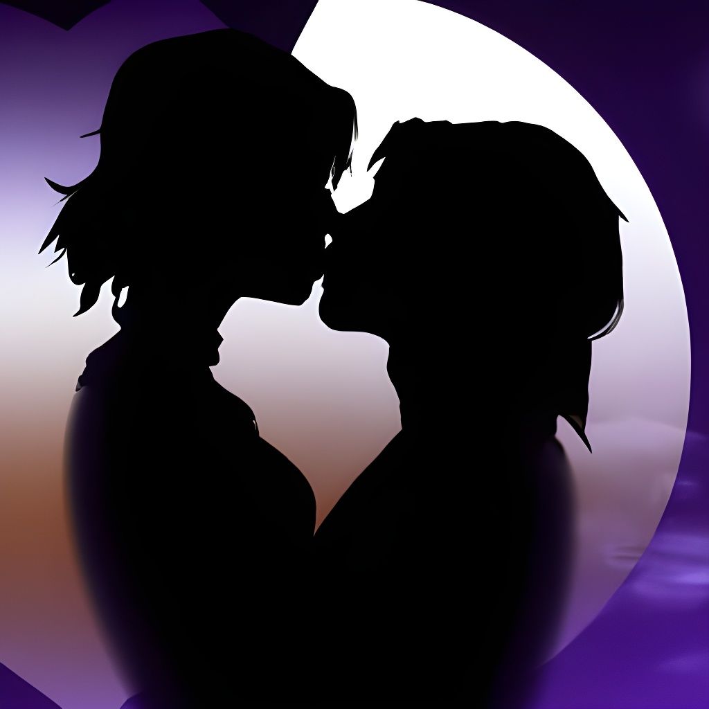 Lesbian Couple Kissing Silhouetted in Moonlight, Anime Style