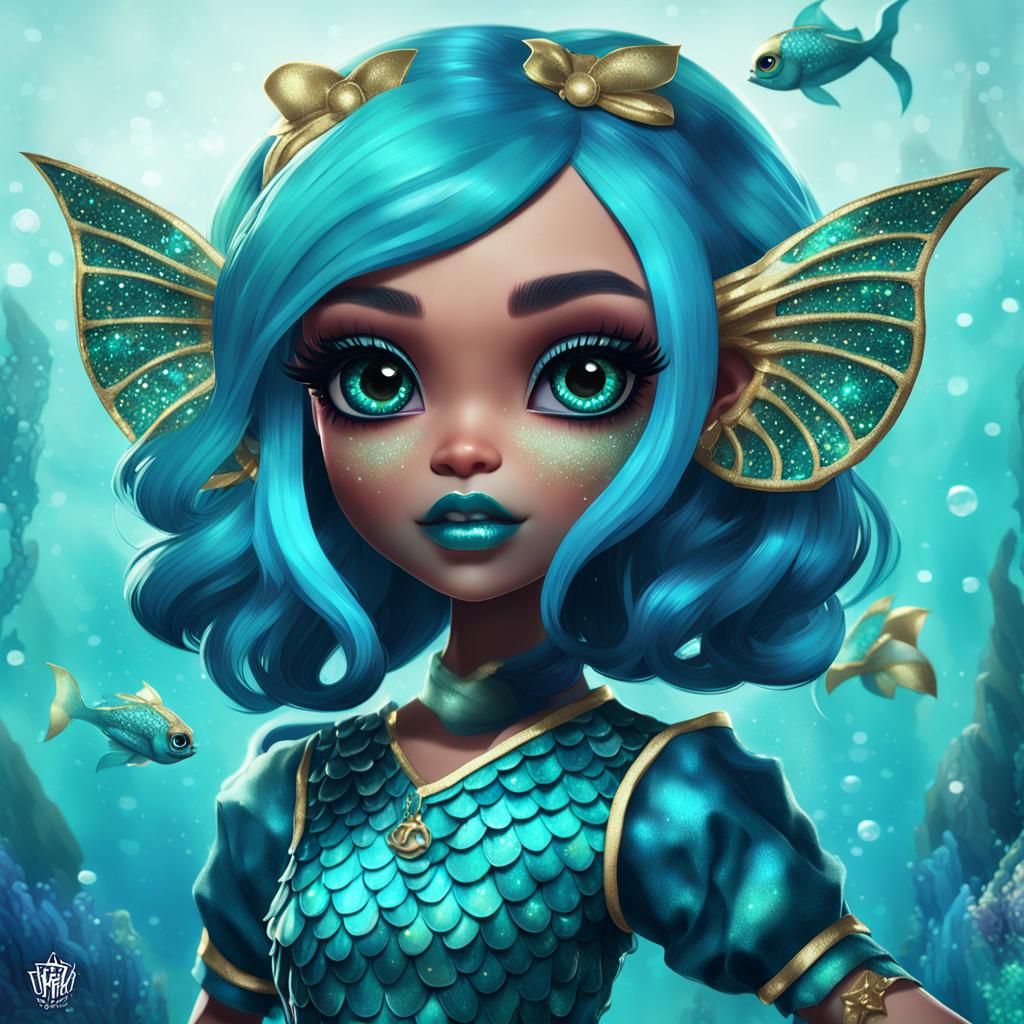 Kawaii Aquatic Girl Doll Portrait in Teal