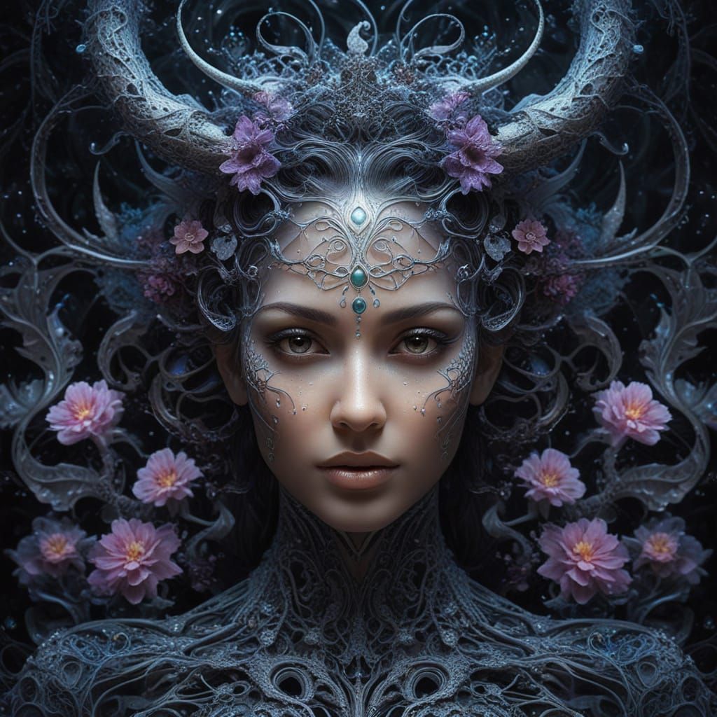 Surreal Goddess with Cosmic Fractals and Alien Flowers