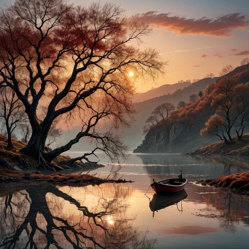 Fishing Boat at Sunrise: Detailed Matte Painting