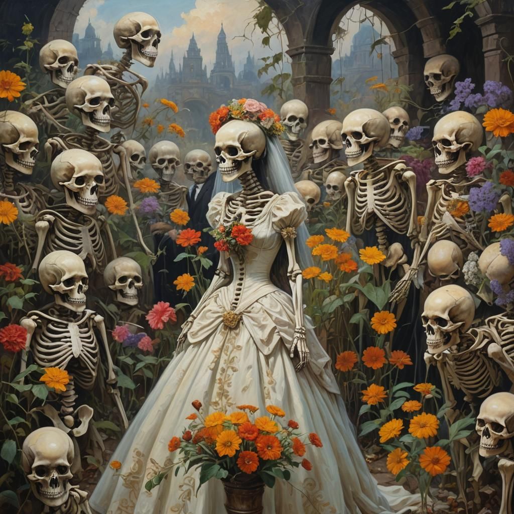 Skeletons in Gala Dresses at Flower Viewing