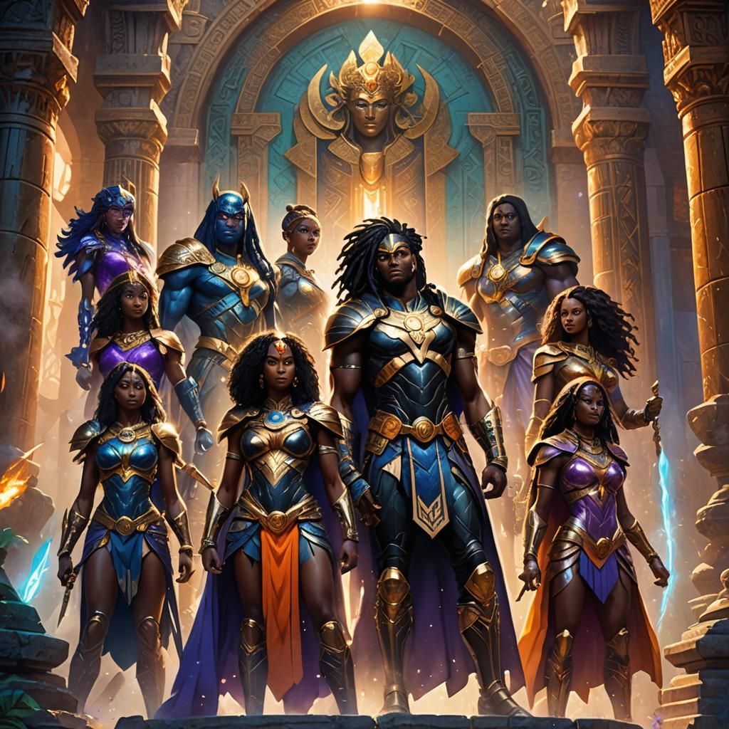 Diverse Superheroes in Ancient Temple: Fantasy Concept Art