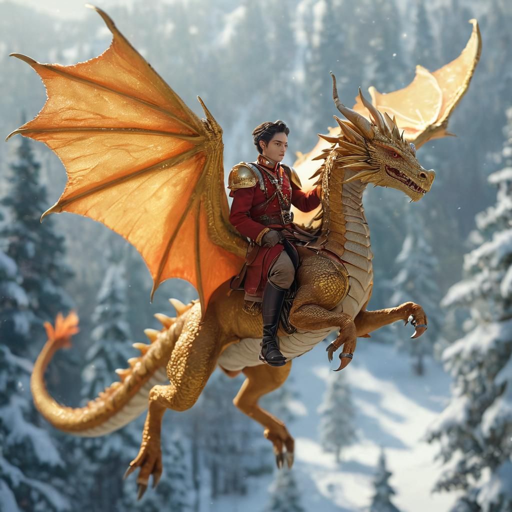 Gold Dragon and Plasmoid Rider in Snowy Forest