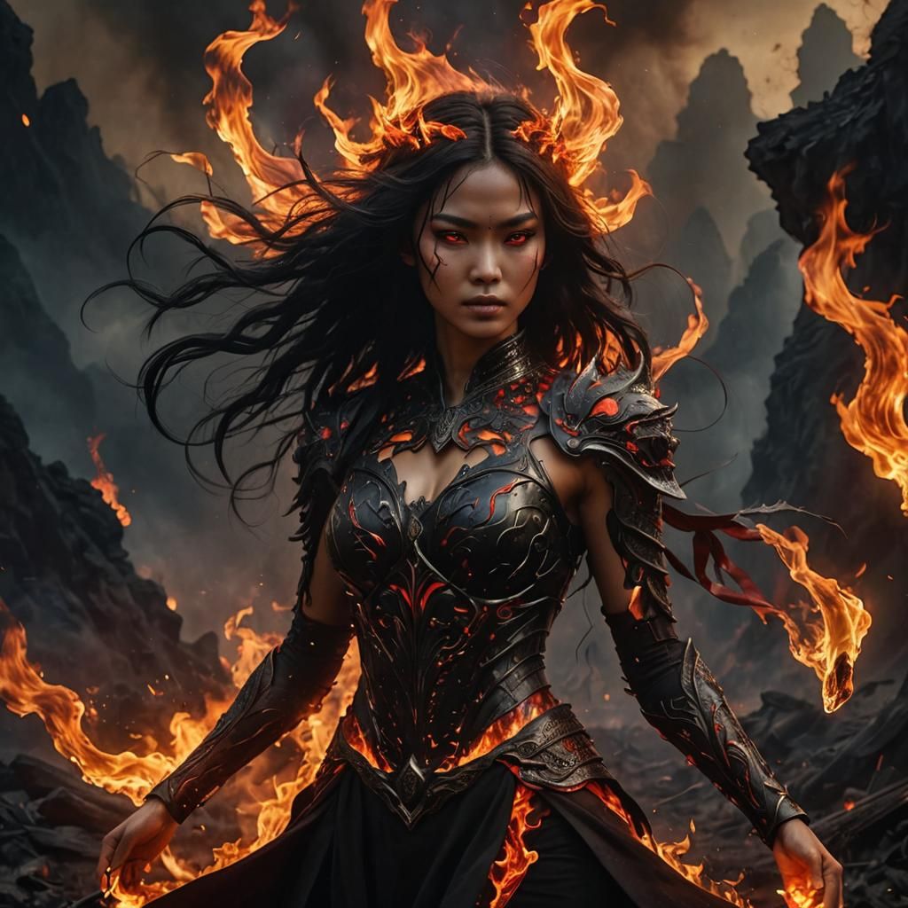 Thai Fire Goddess in Smoldering Landscape