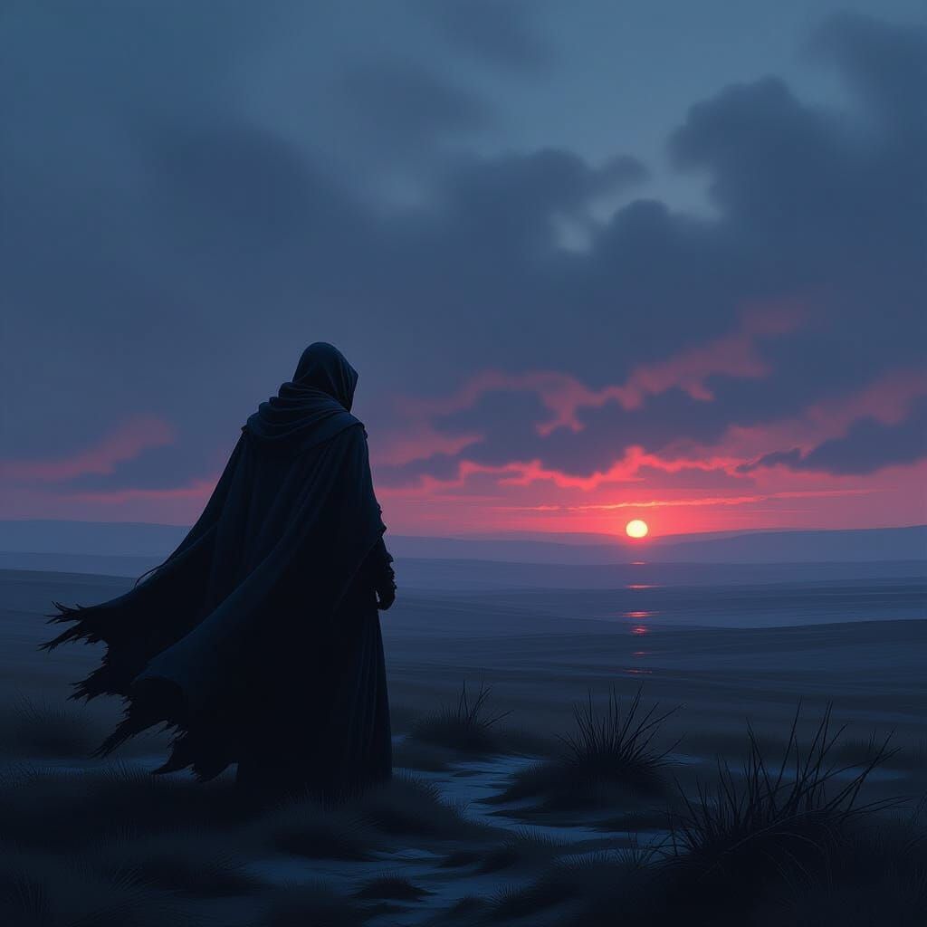 Solitary Figure on Desolate Moor Under Twilight Sky