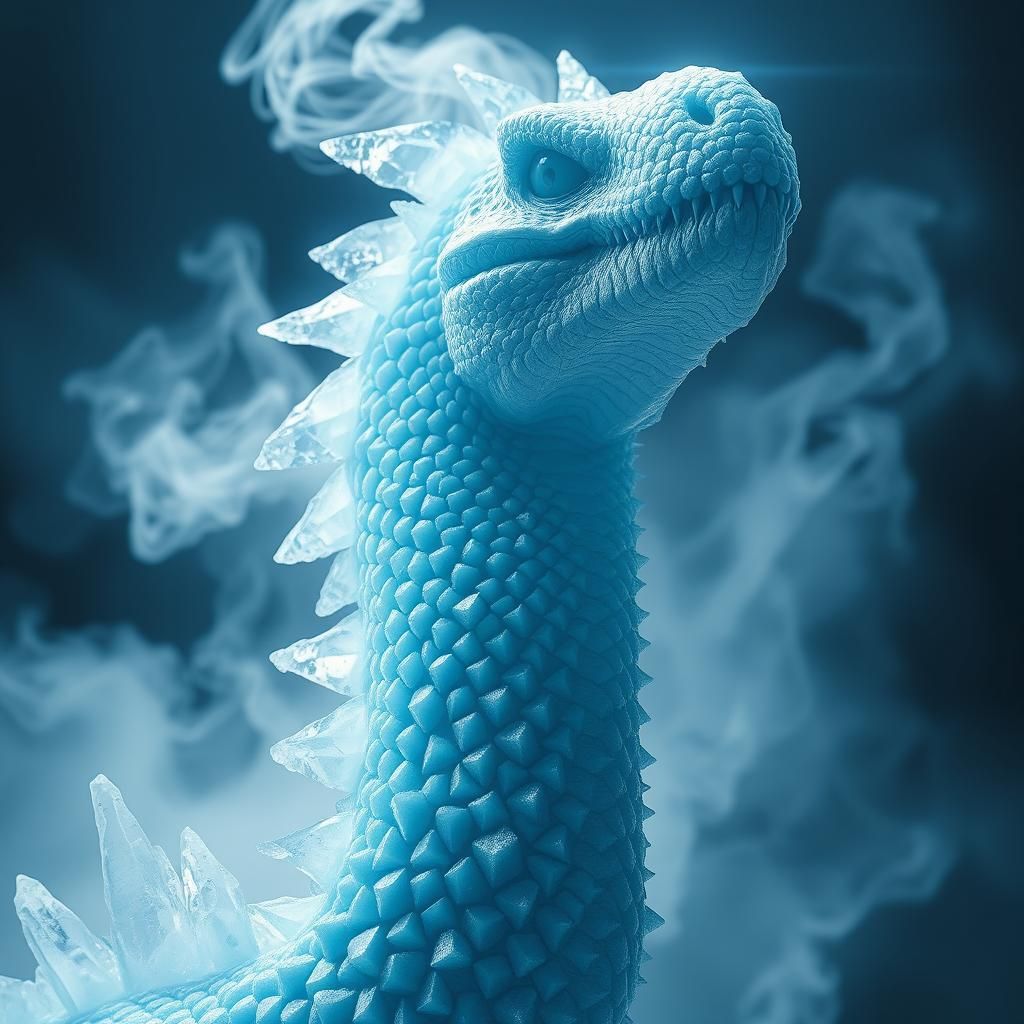 close up of a blue white dinosaur+monster made of ice; ice s...