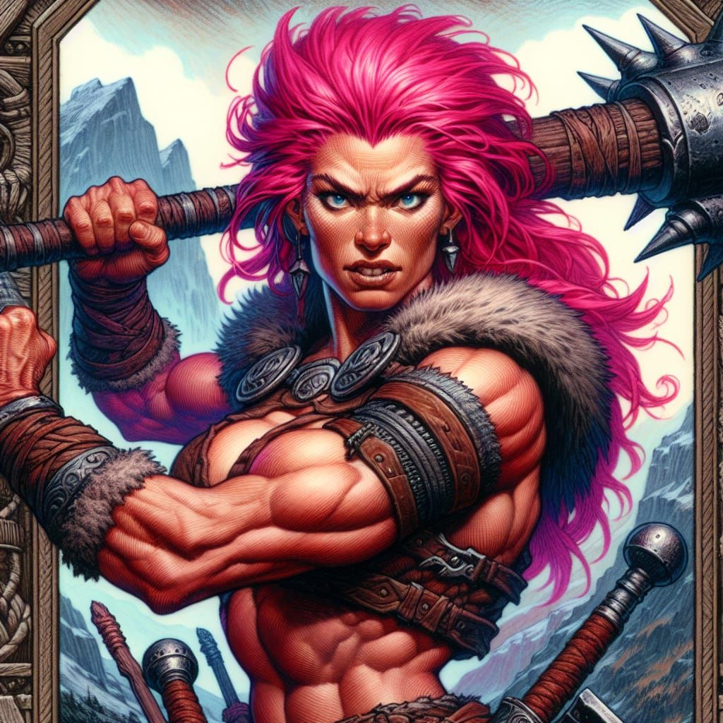 Fierce Pink-Haired Barbarian Woman with Flail