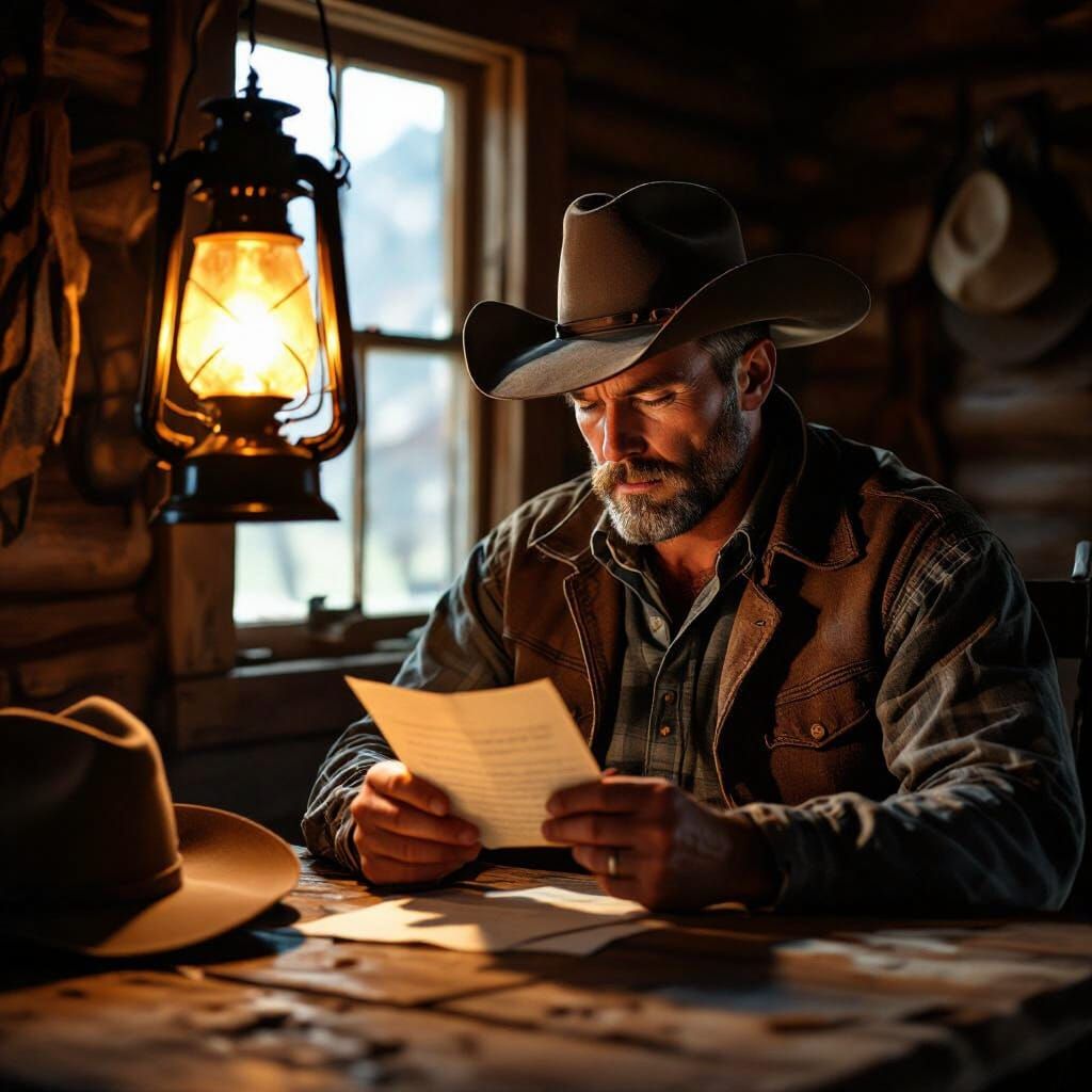 Cowboy Reading Letter by Lantern Light in Cabin