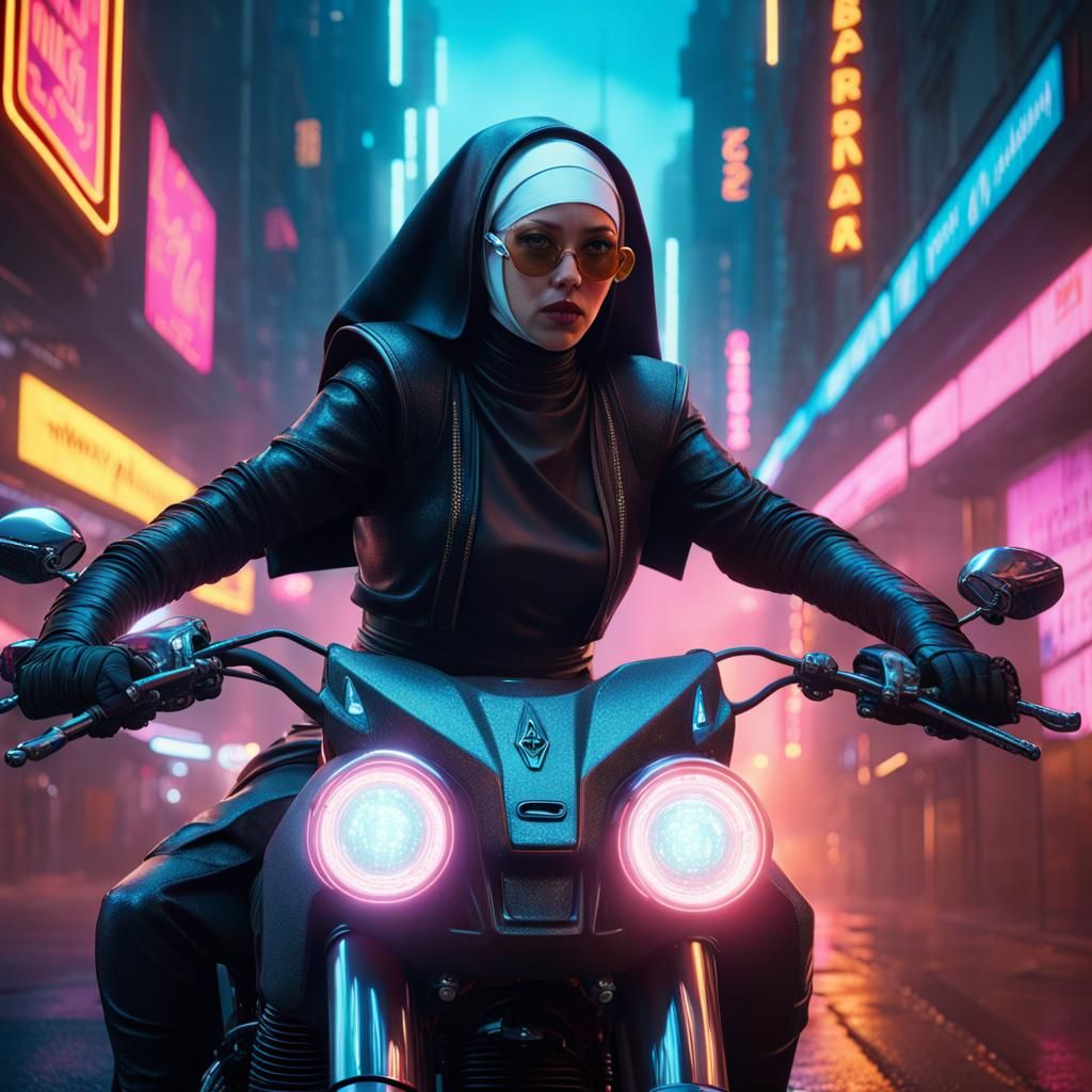 Photorealistic Nun Rides Motorcycle in Cyberpunk Style