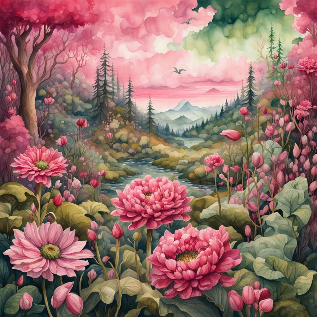 Atmospheric Pink and Green Watercolour Flower Illustration