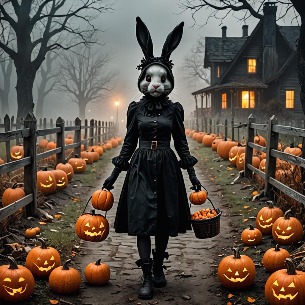 Halloween Bunny with Candy in Foggy Pumpkin Patch