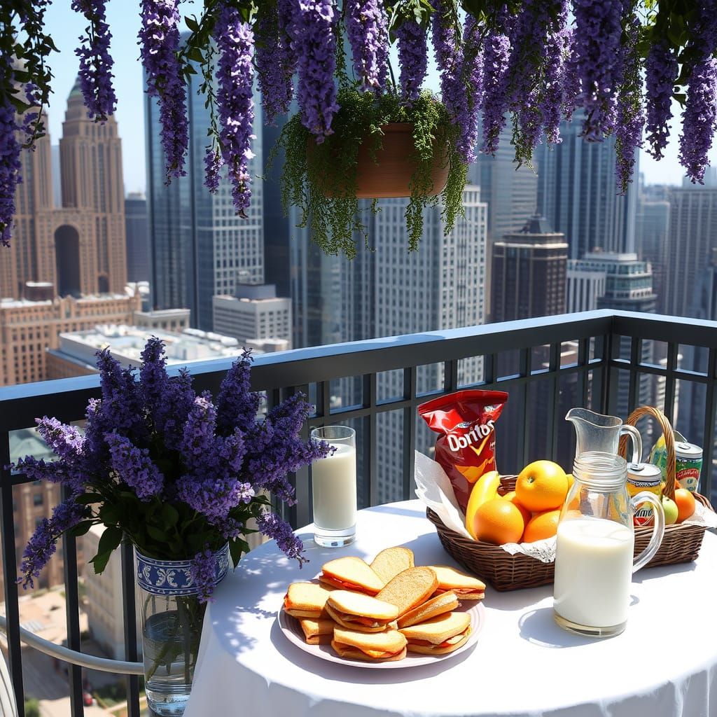 Balcony Table with Peanut Butter Sandwiches and Flowers
