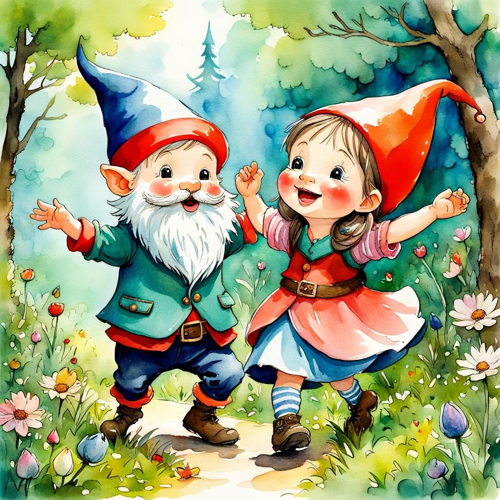 Dancing Gnome and Dwarf: Whimsical Storybook Illustration