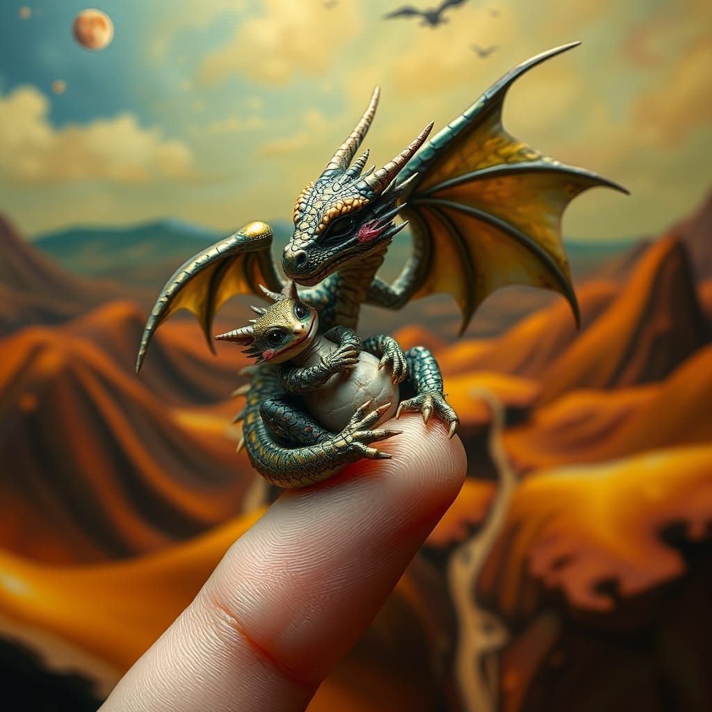 Miniature Dragon Cradling Baby in Surreal Landscape