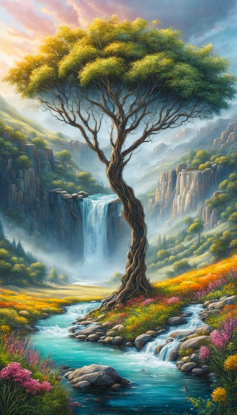 Giant Hand Waterfall Oasis in Whimsical Digital Art