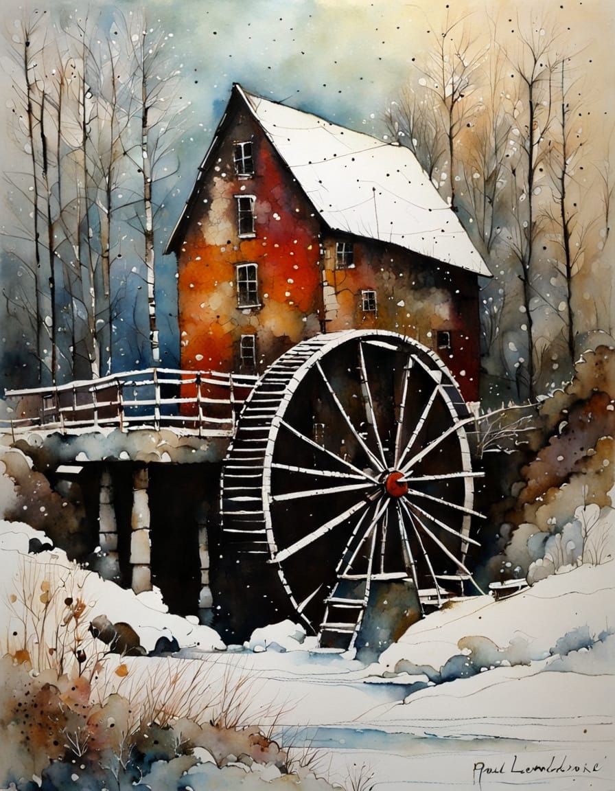 Winter Waterwheel in Encaustic Art