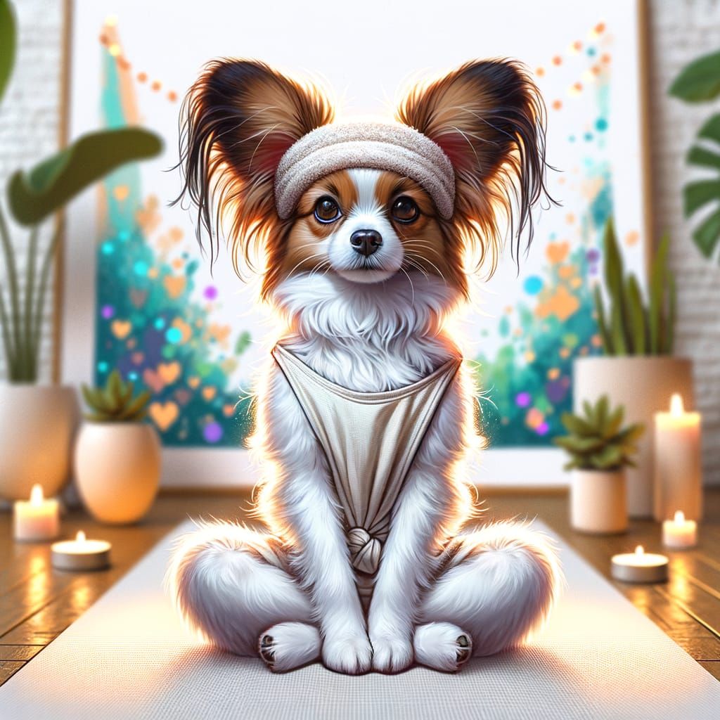 Serene Papillon Dog Doing Yoga in Concept Art Style