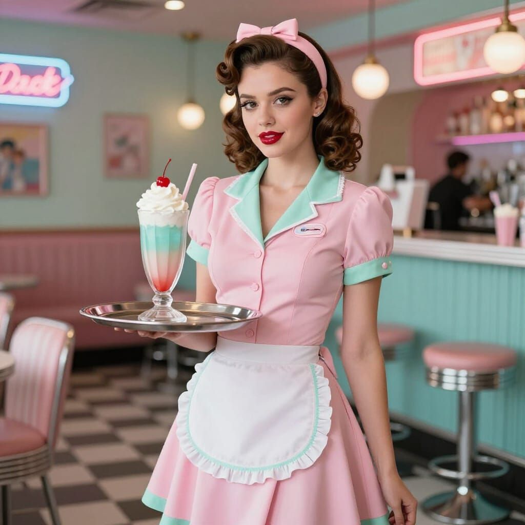 1950s Pin-Up Waitress Serves Milkshake in Retro Bar