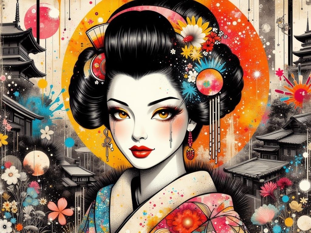 Mid-Century Pop Art Geisha in Zen Garden