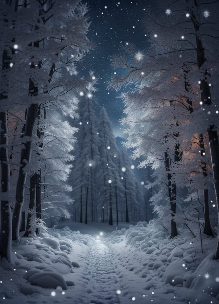 Snowy Forest Trail by Night