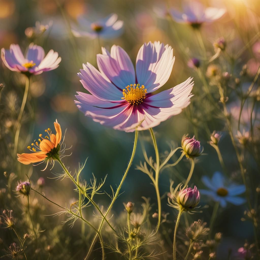 Baroque Cosmos Flower in Golden Hour Light
