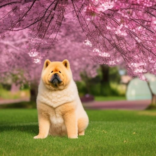 Chow Chow Puppy Under Pink Blossom Tree