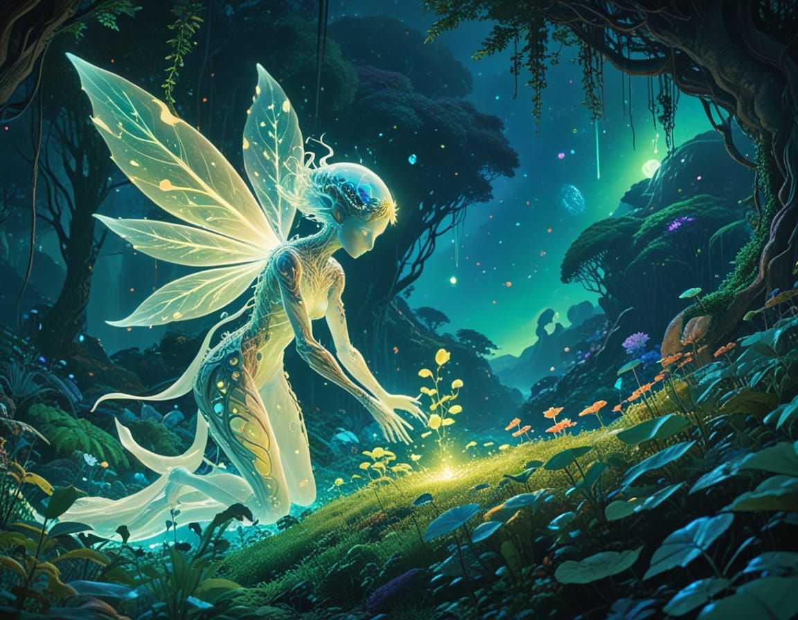 Ethereal Nature Spirit in Bioluminescent Garden