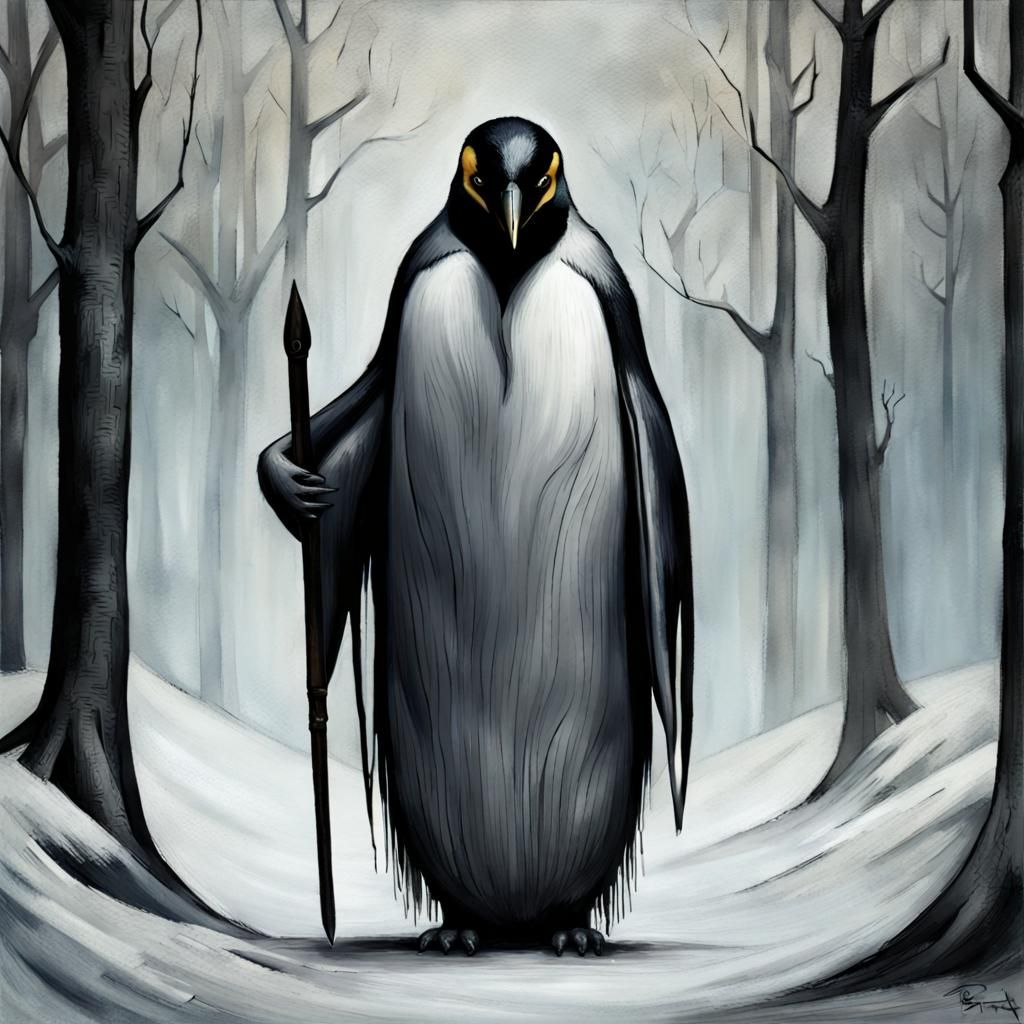 Sinister Emperor Penguin in Dark Fantasy Forest