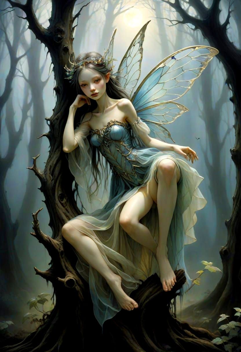 Mystical Fairy on the Verge of Flight above a Haunted Forest