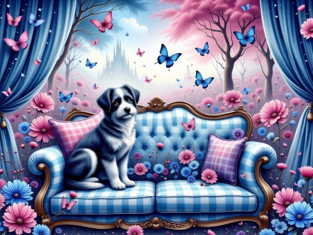 Stunning Gingham Fantasy Scene with Adorable Dog